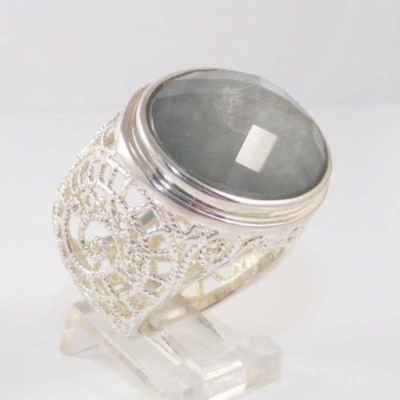 Sterling Silver Large Filigree Large Gray Quartz Cocktail Ring Size 8.5 - Picture 1 of 3